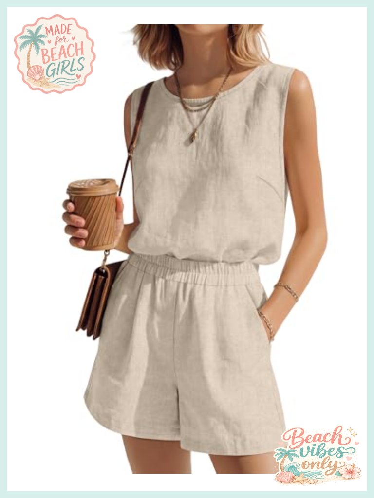 Linen Short Set Sleeveless Tank High Waist Shorts With Pockets